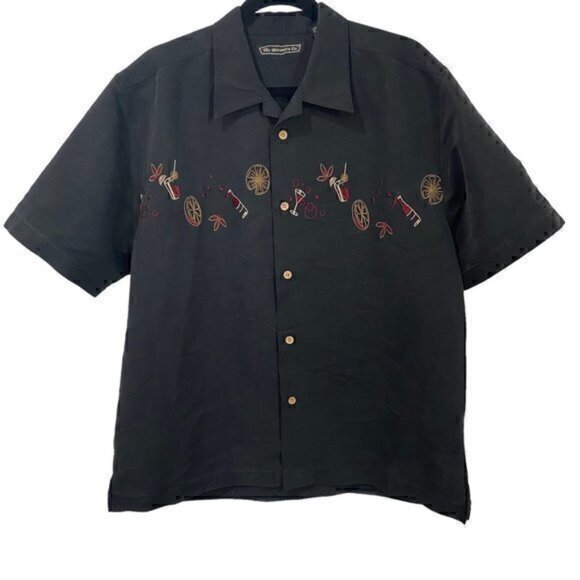 The Havanera Co. Men Shirt Hawaiian Coctails Embroidered Black Gray Size Large - Picture 1 of 5